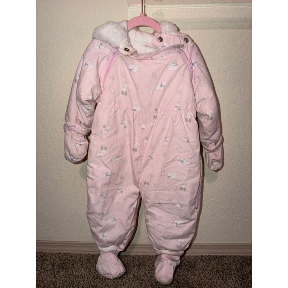 Bright Future Baby Girl Pink Polar Bear Snowsuit Faux Fur Hood Bunting 18 Months
